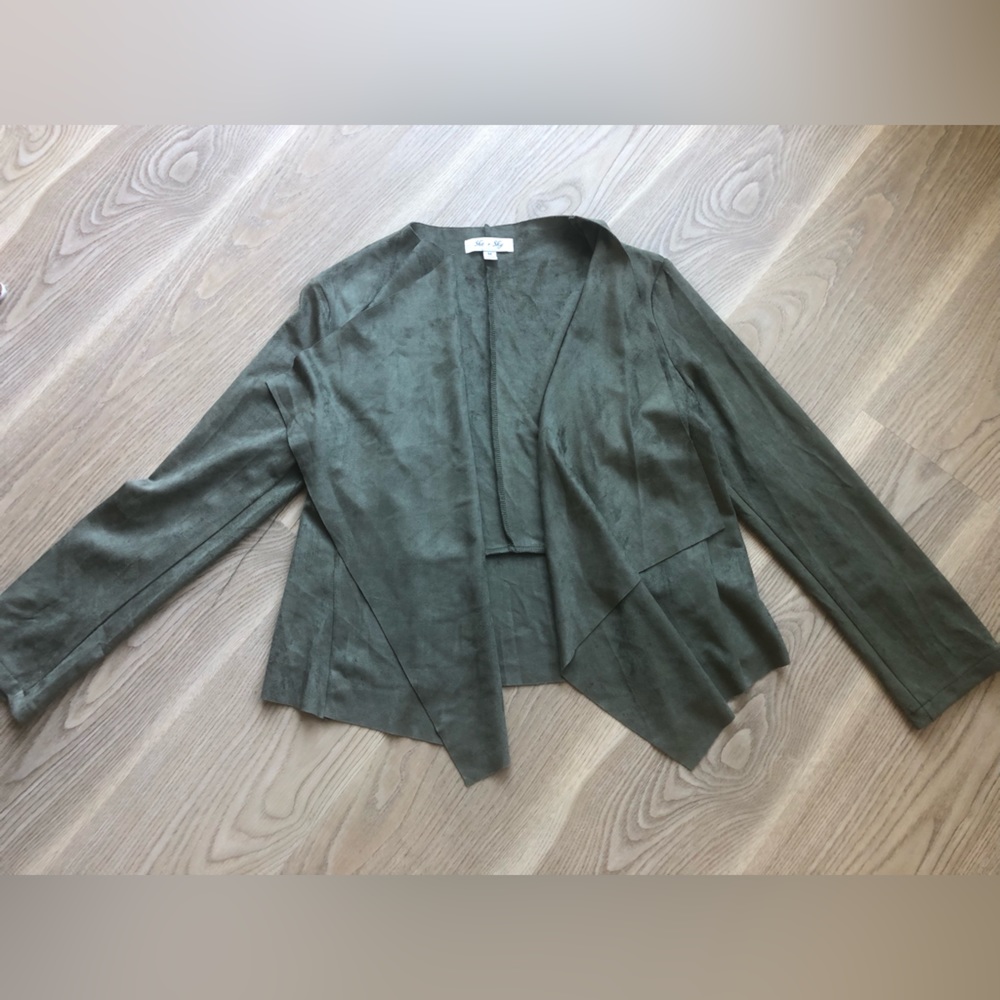 EUC, She + Sky, Size M, Olive Faux Suede Waterfall Front, Cropped Back Jacket